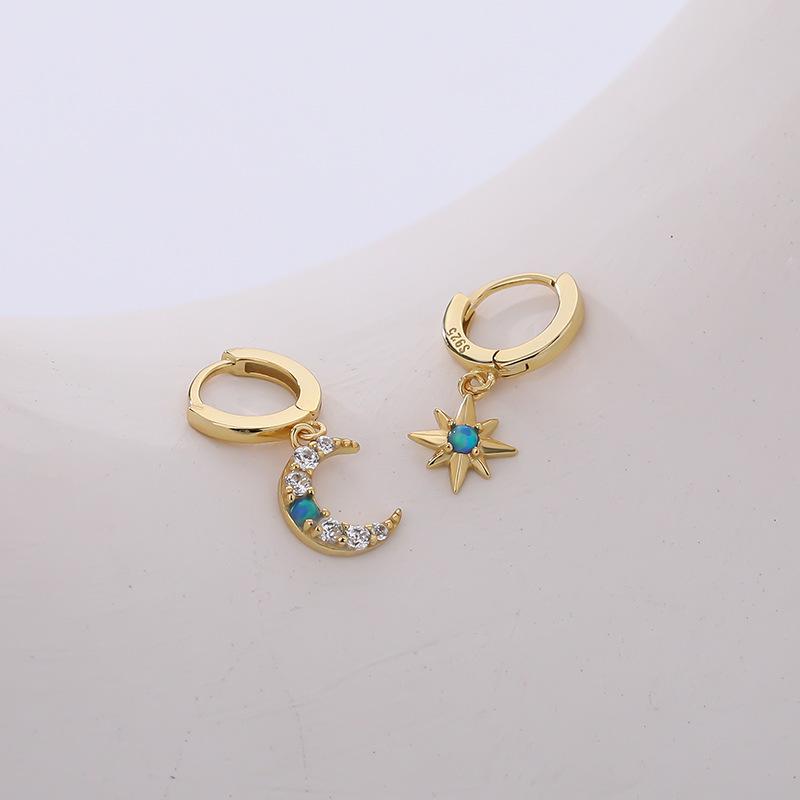 S925 Sterling Silver Star & Moon Opal and Zircon Earrings