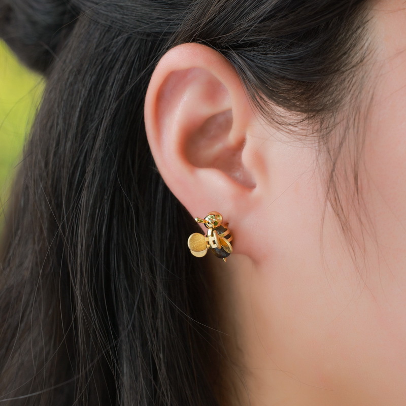 S925 Sterling Silver Gold-Plated Bee Earrings with Tiger Eye Stone
