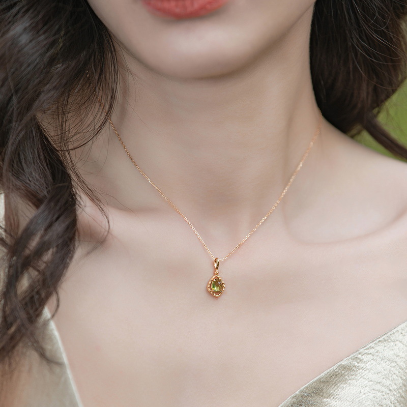 S925 Sterling Silver Gold-Plated Natural Olivine Pendant Necklace