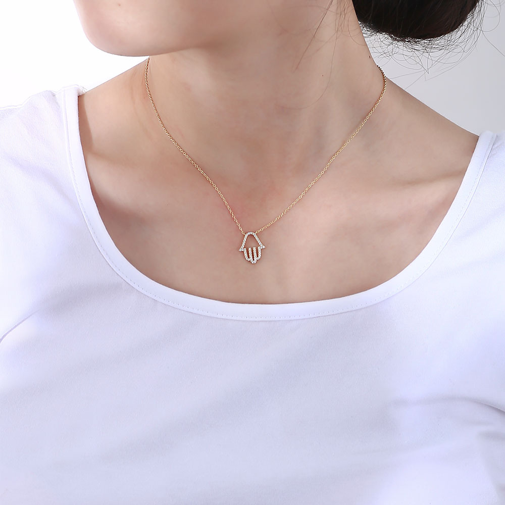 S925 Sterling Silver Micro Inlaid Zircon Hollow Palm Pendant Necklace
