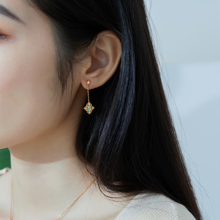 S925 Sterling Silver Gold-Plated Opal-Inlaid Long Stud Earrings