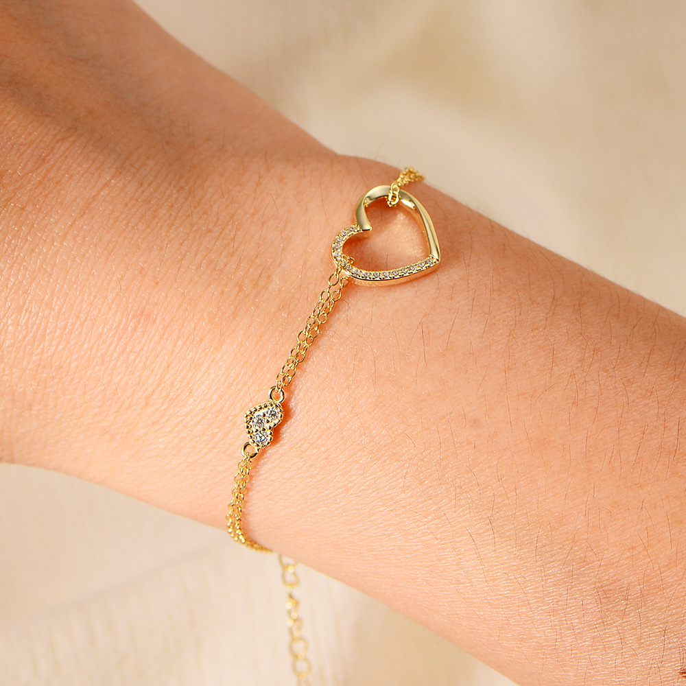 S925 Sterling Silver Zircon Inlaid Heart-Shaped Double-Layer Bracelet