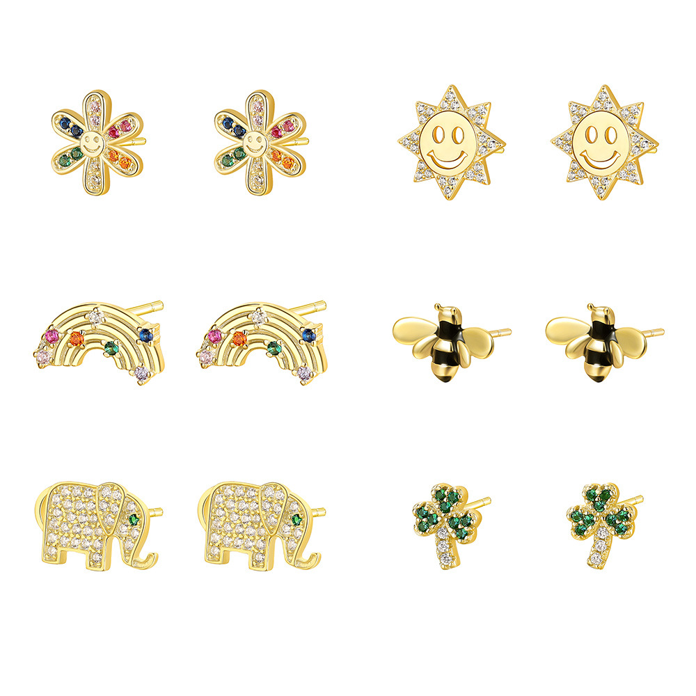 S925 Sterling Silver Small Stud Earrings with Colorful Cubic Zirconia