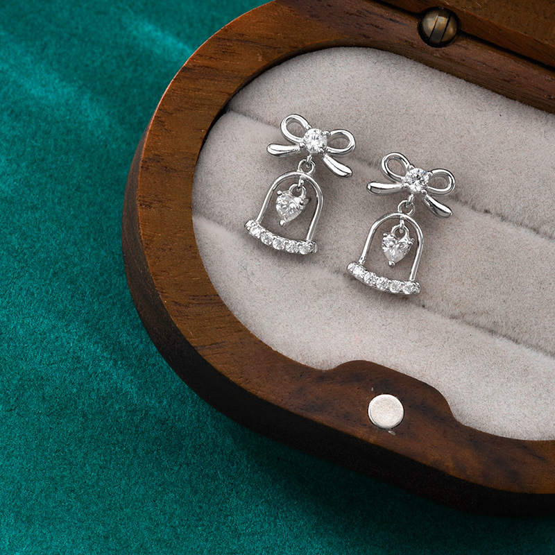 S925 Sterling Silver Moissanite Bow Bell Earrings Christmas Jewelry