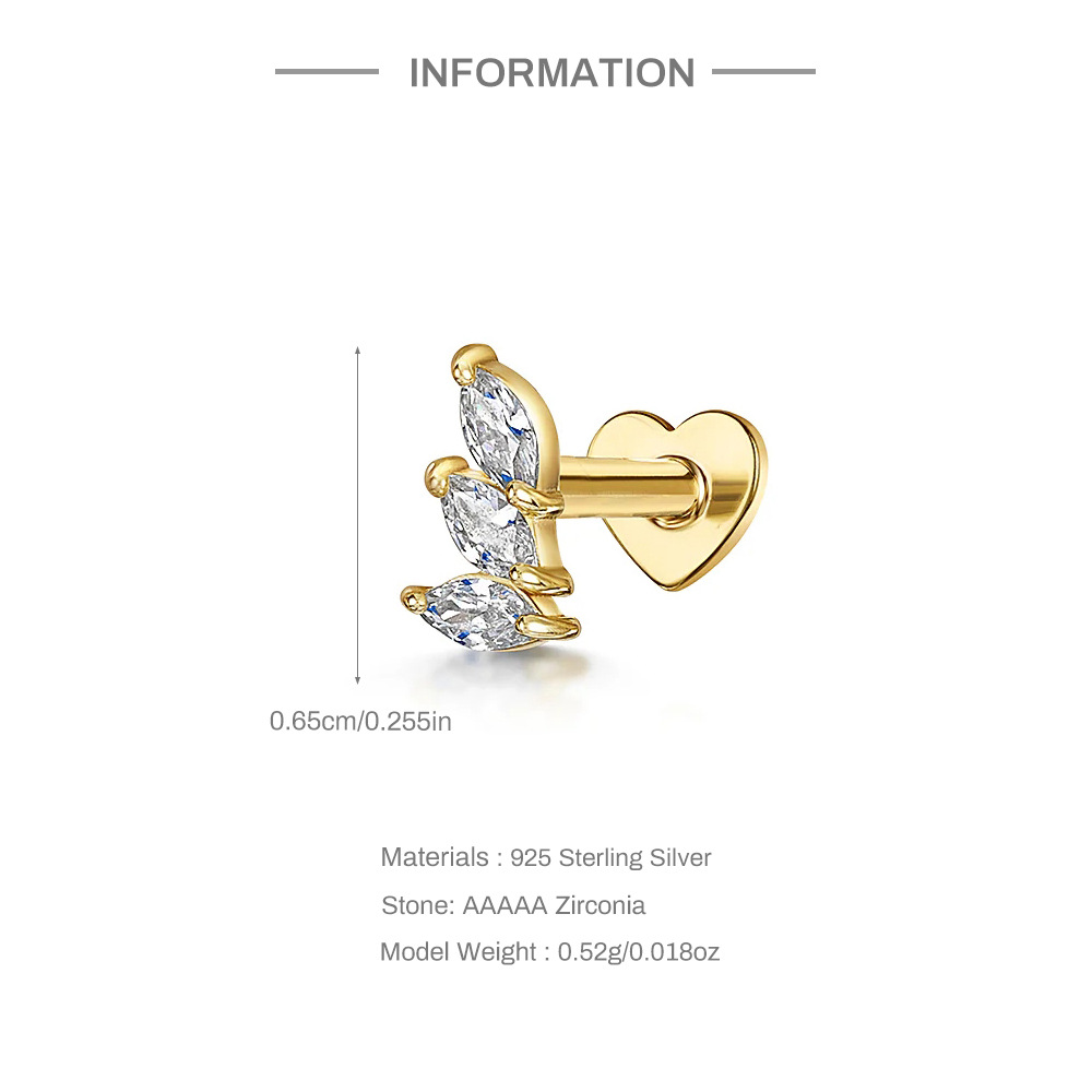 S925 Sterling Silver Heart-Shaped Stud Earrings with Marquise-Cut Zirconia and Flat-Back Threaded Posts