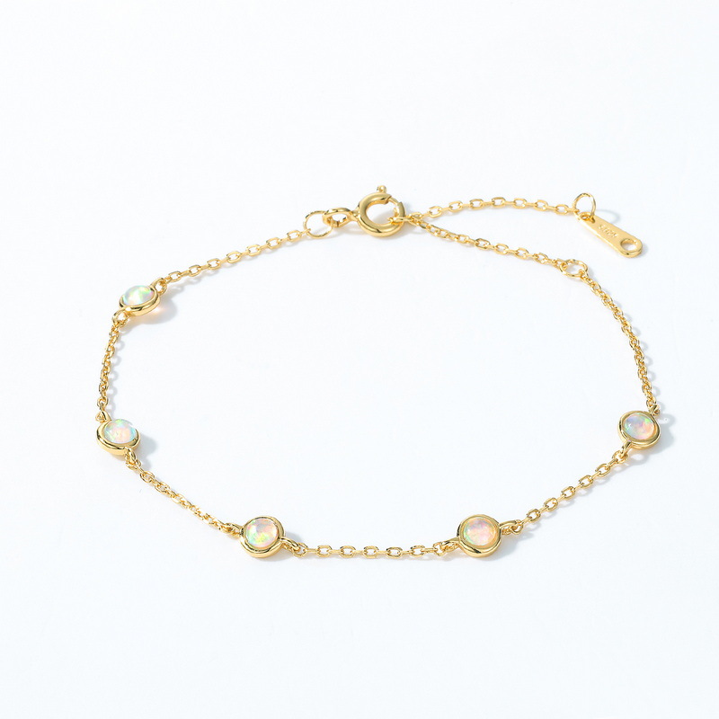 S925 Sterling Silver Gold-Plated Synthetic Opal Round Bracelet