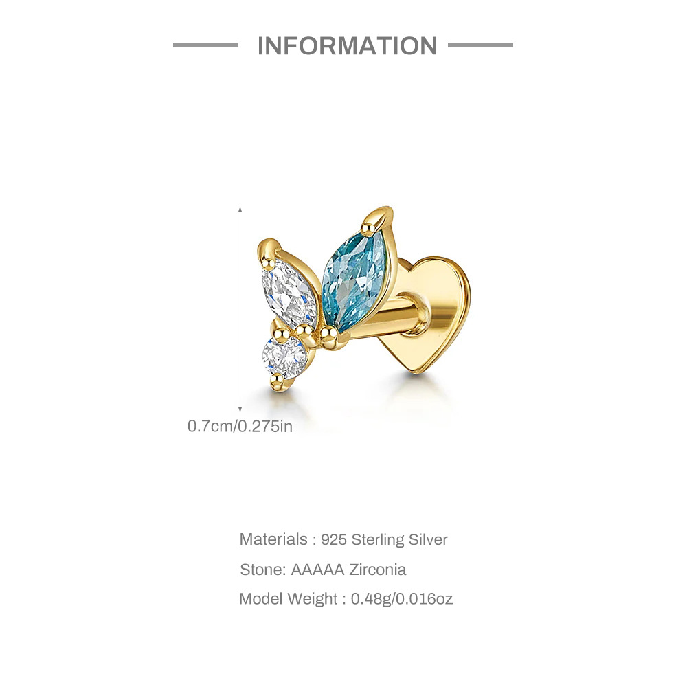 S925 Sterling Silver Heart-Shaped Stud Earrings with Marquise-Cut Zirconia and Flat-Back Threaded Posts