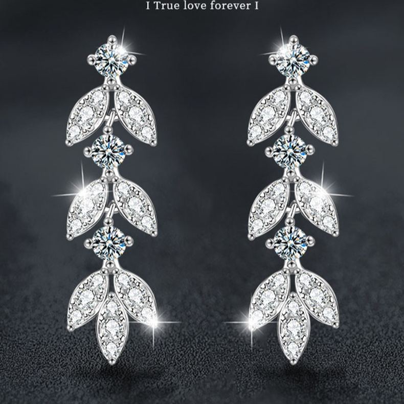 S925 Sterling Silver Leaf Drop Earrings with Moissanite Tassels
