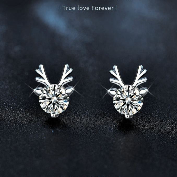 925 Sterling Silver Reindeer Moissanite Christmas Earrings
