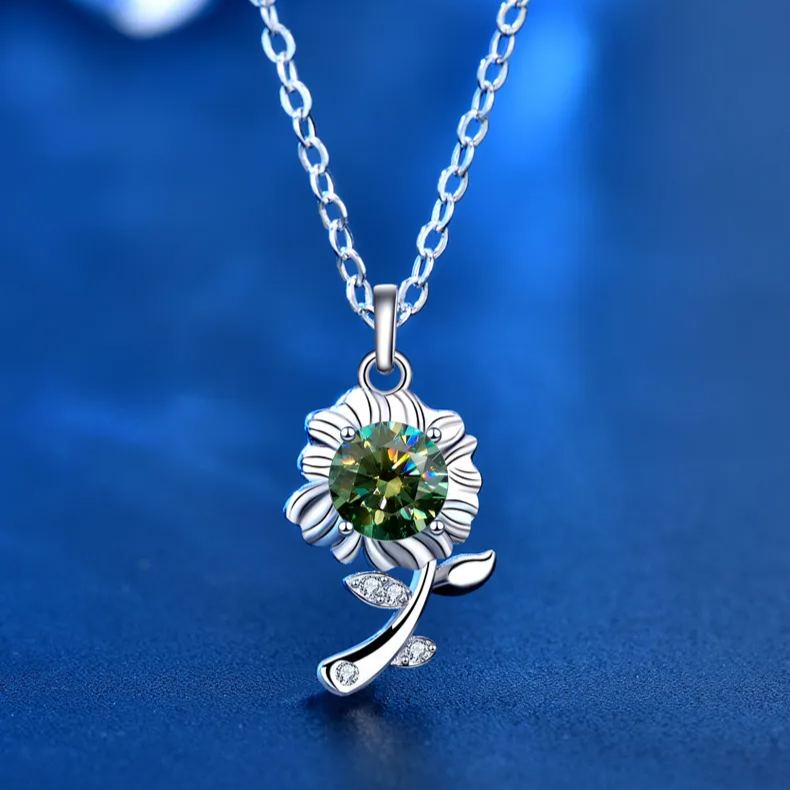 S925 Sterling Silver Moissanite Sunflower Flower Pendant Necklace
