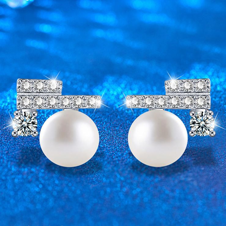 Natural Freshwater Pearl Stud Earrings, Set in 925 Sterling Silver with Moissanite Accents