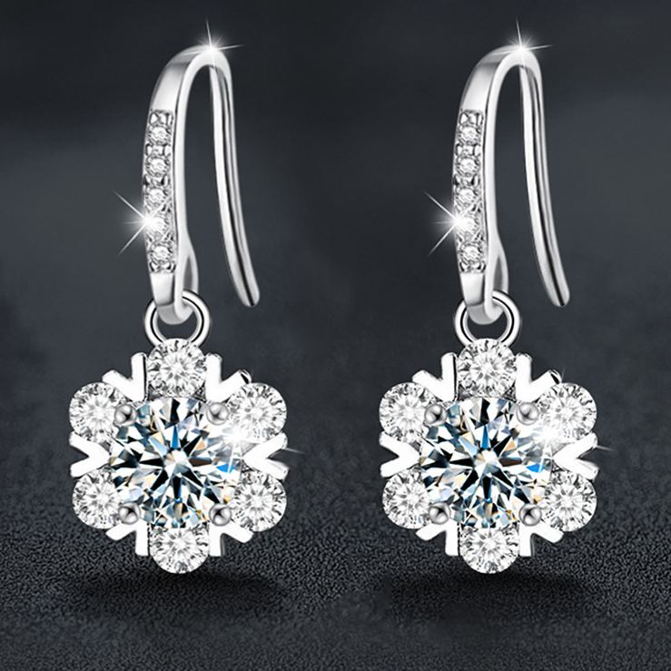 Christmas Earrings: 925 Sterling Silver Snowflake & Moissanite Ear Hooks