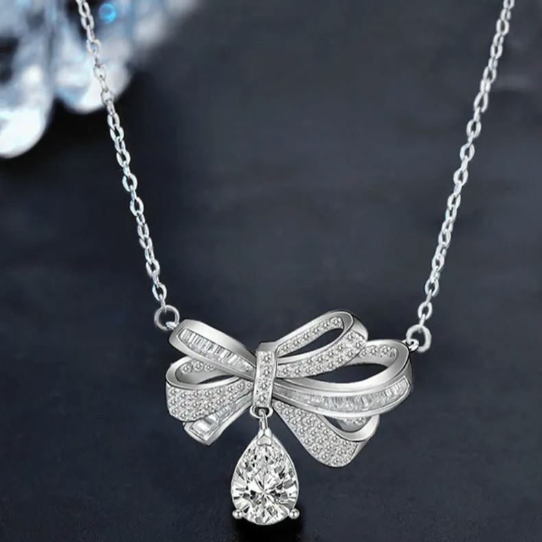 S925 Sterling Silver Tassel Bow Water Drop Moissanite Pendant Necklace