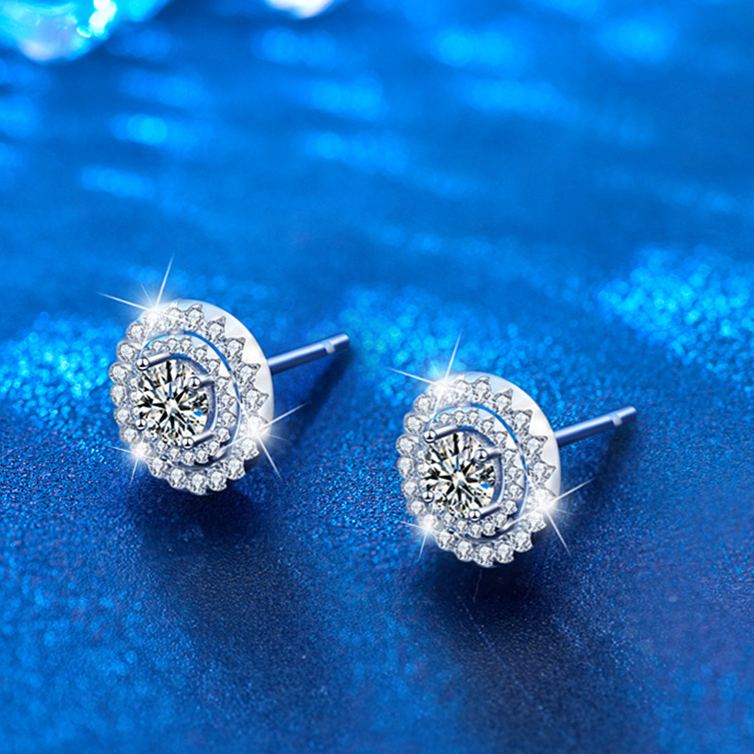 Round Moissanite Stud Earrings — 925 Sterling Silver