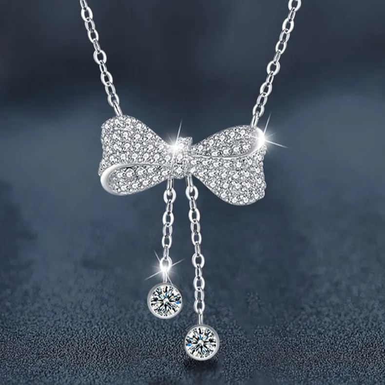 S925 Sterling Silver Moissanite Tassel Bow Pendant Necklace