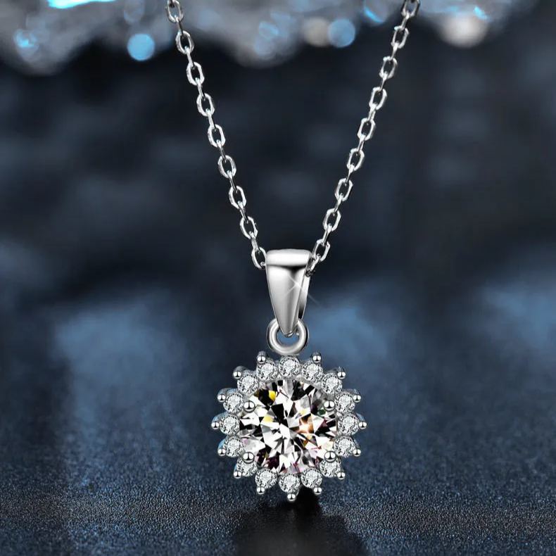 S925 Sterling Silver Moissanite SUNFLOWER Pendant Necklace