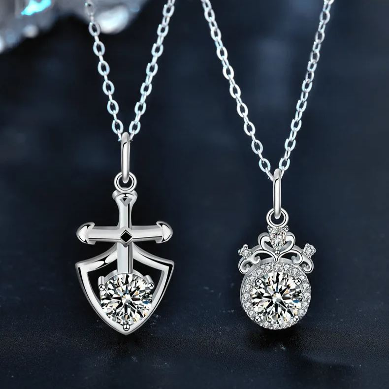 S925 Sterling Silver Moissanite Princess and Knight Pair of Personality Shield Crown Clavicle Pendant Couple Necklace