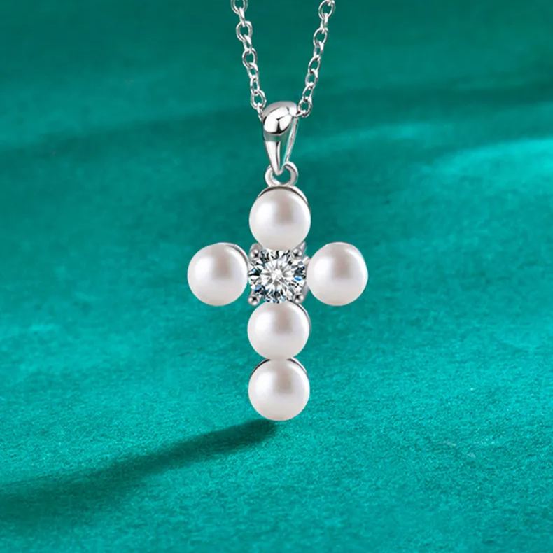 S925 Sterling Silver Moissanite Cross Pearl Pendant Necklace