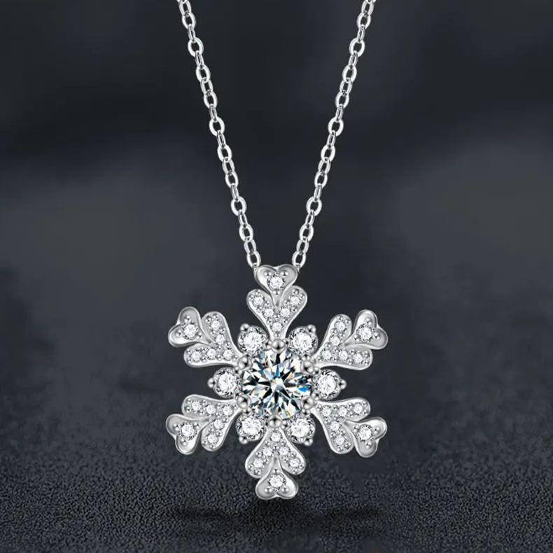 S925 Sterling Silver Moissanite Snowflake Pendant Necklace