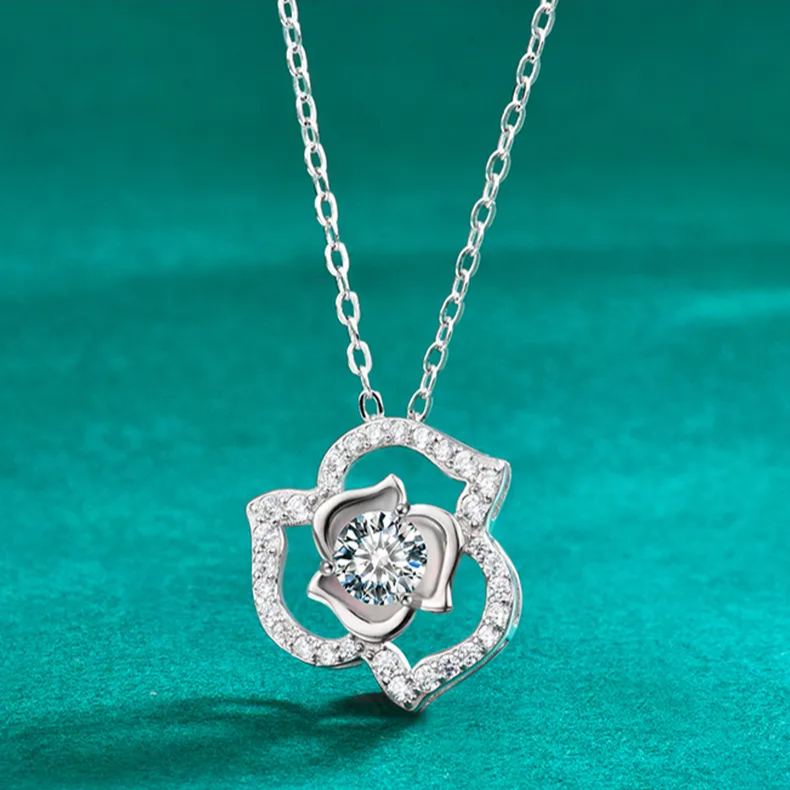 S925 Sterling Silver Moissanite Rose Heart Necklace
