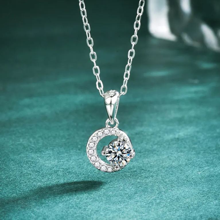 S925 Sterling Silver Star Moissanite Moon Pendant Necklace