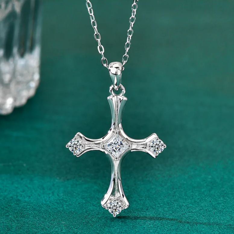 S925 Sterling Silver Moissanite Cross Square Pendant Necklace