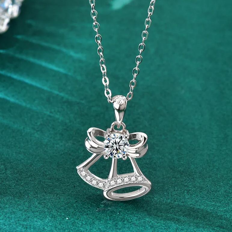 S925 Sterling Silver Moissanite Christmas Bell Pendant Necklace