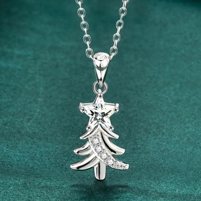 S925 Sterling Silver Moissanite Christmas Tree Pendant Necklace