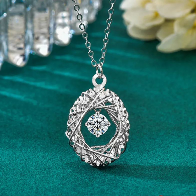 S925 Sterling Silver Woven Dream Net Egg-Shaped Pendant Necklace