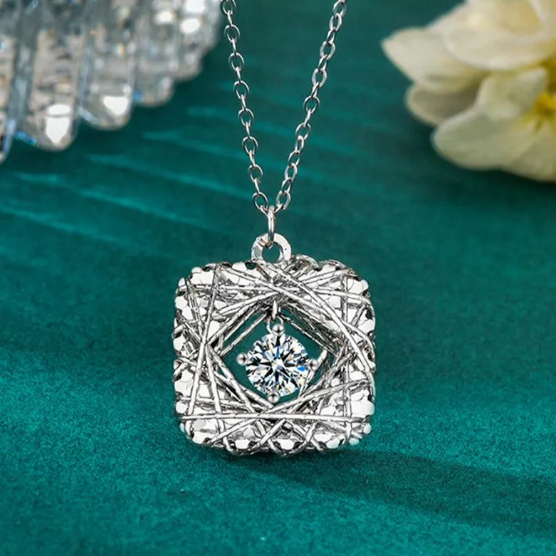 S925 Sterling Silver Moissanite Woven Dream net Square Pendant Necklace