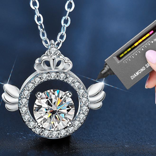 S925 Sterling Silver Moissanite Angel Wings Crown Pendant Necklace