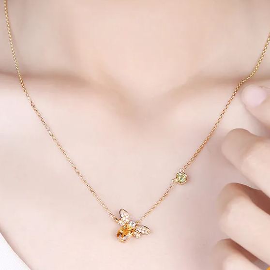 S925 Sterling Silver Bee Necklace Plated with 10K Iridescent Gold Crystal Peridot