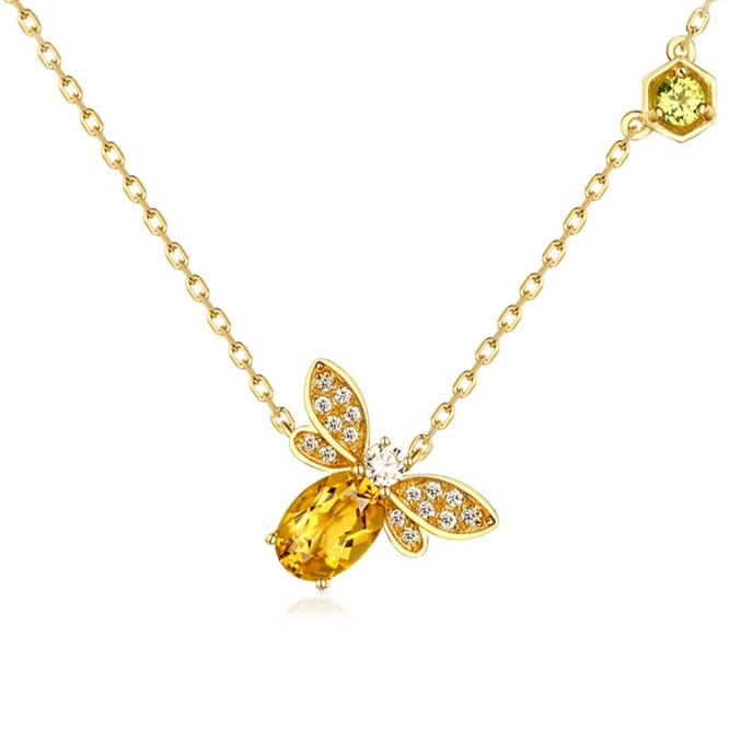 S925 Sterling Silver Bee Necklace Plated with 10K Iridescent Gold Crystal Peridot