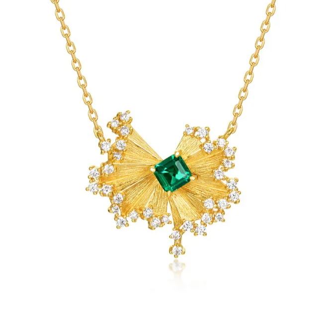 S925 Sterling Silver 10K Gold Emerald Necklace