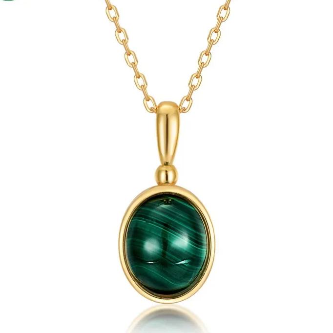 S925 Sterling Silver Gold-Plated Natural Malachite Geometric Pendant Necklace