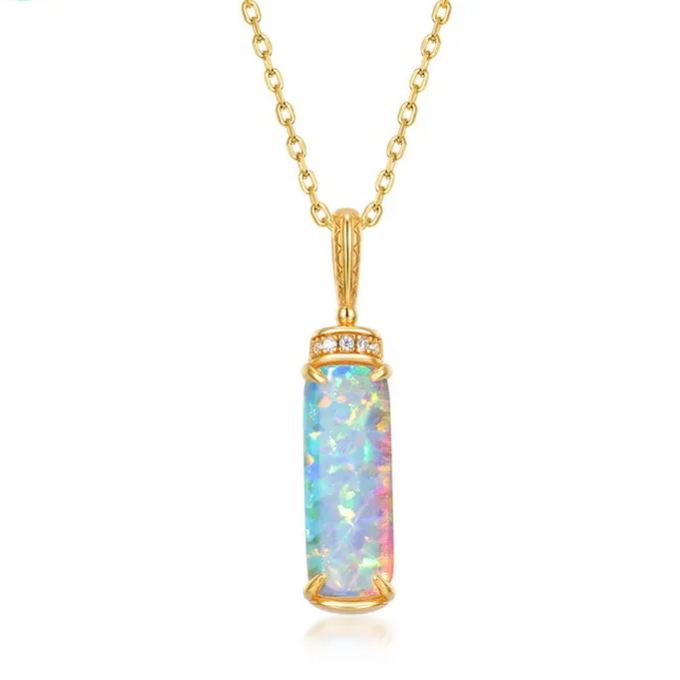 S925 Sterling Silver Gold-Plated Cylindrical Opal and Green Moss Pendant Necklace