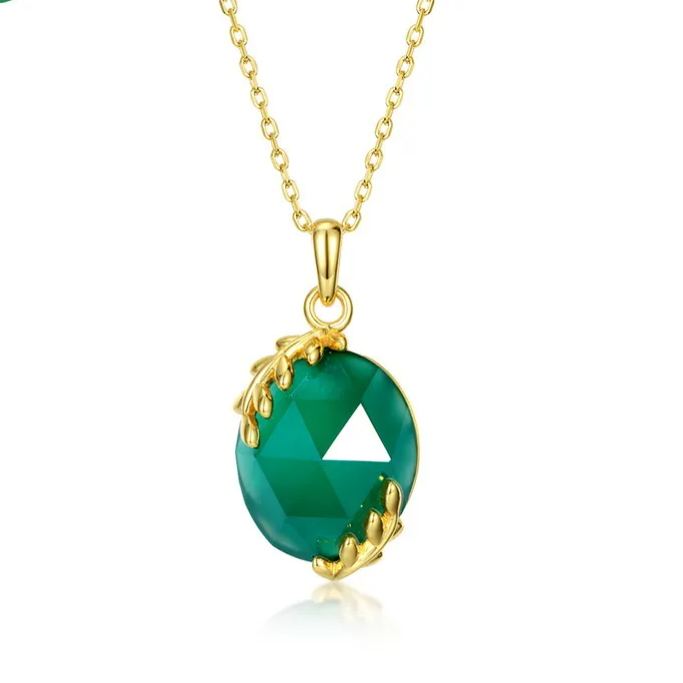 S925 Sterling Silver Gold-Plated Leaf Green Agate Pendant Necklace
