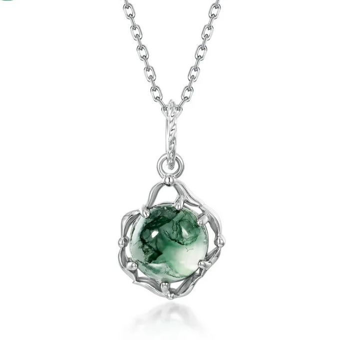 S925 Sterling Silver Green Moss Stone Pendant Necklace