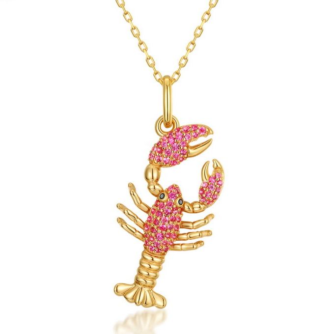 S925 Sterling Silver Gold-Plated Crayfish and Rutile Pendant Zircon Necklace