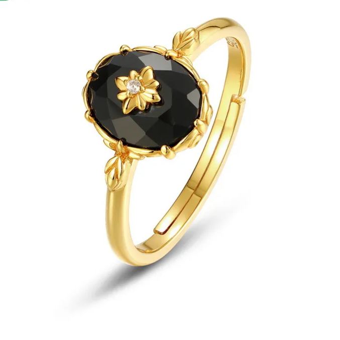 S925 Sterling Silver Gold-Plated Black Onyx Ring