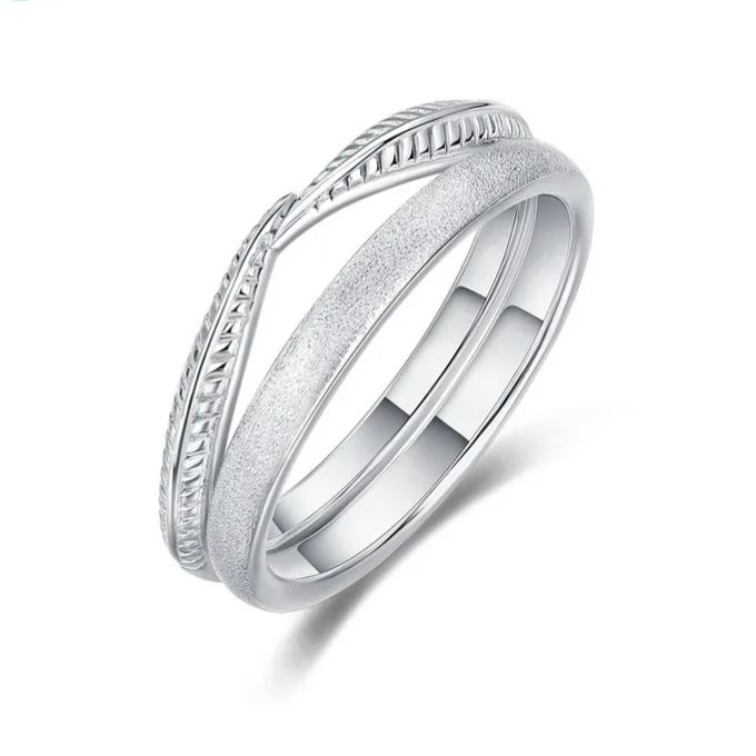 S925 Sterling Silver Feather Double Ring Two-Piece Ring Set