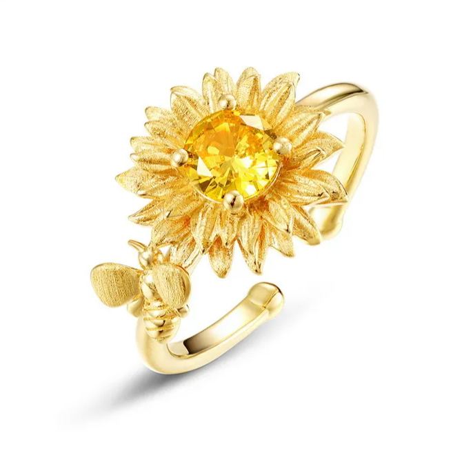 S925 Sterling Silver Plated with Golden Crystal Flower Ring