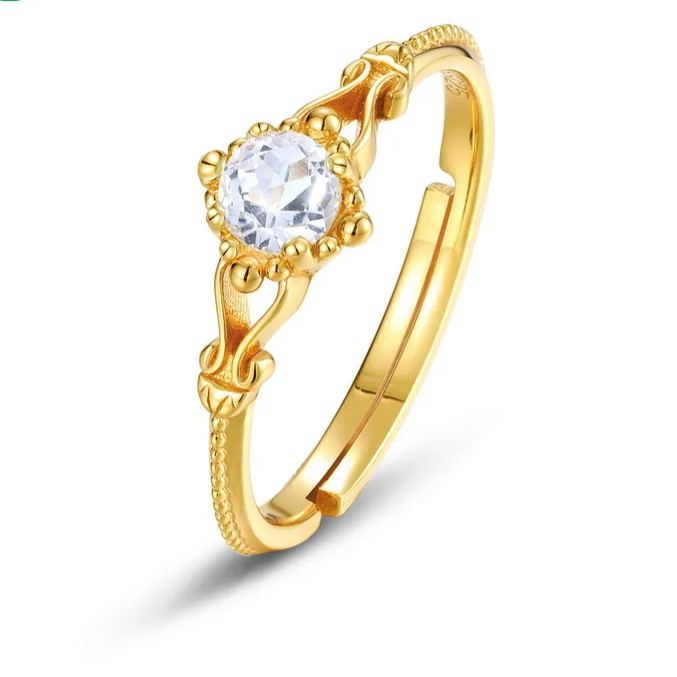 S925 Sterling Silver Gold-Plated Vintage White Crystal Ring