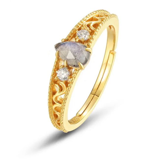 S925 Sterling Silver Gold-Plated Droplet Labradorite Ring