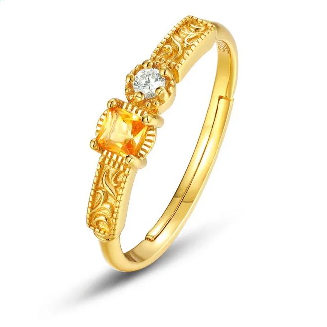 S925 Sterling Silver Gold-Plated Geometric Square Yellow Crystal Ring