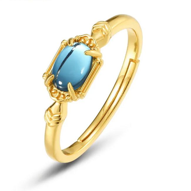 S925 Sterling Silver Gold-Plated Blue Topaz Rectangular Ring