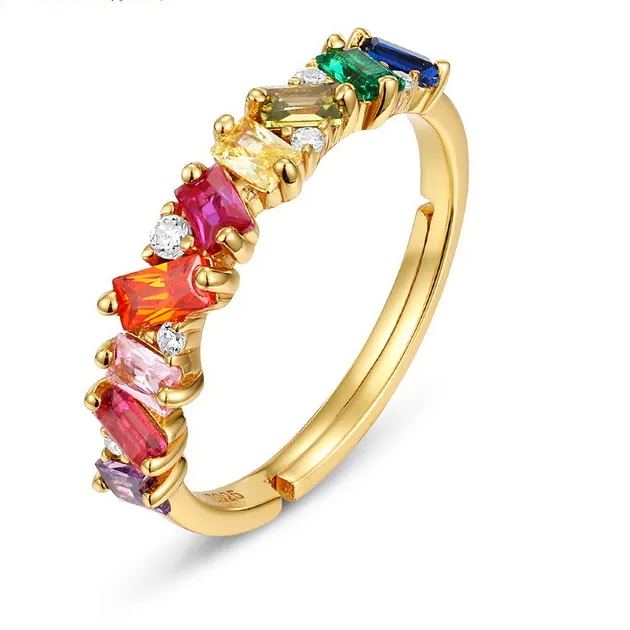 S925 Sterling Silver Gold-Plated Rainbow Zircon Ring
