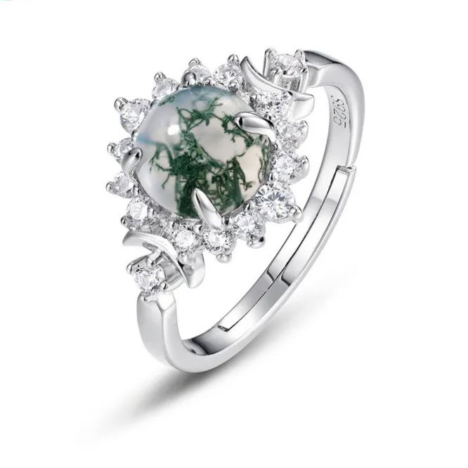 S925 Sterling Silver Ring Inlaid with Moss Agate