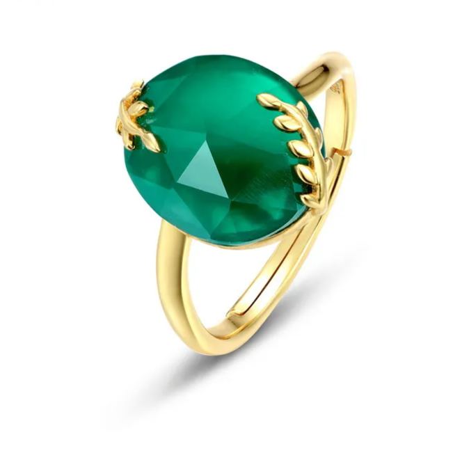 S925 Sterling Silver Gold-Plated Green Agate Ring
