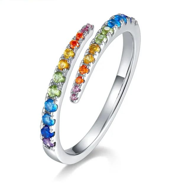 S925 Sterling Silver Gold-Plated Geometric Rainbow Zircon Ring